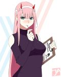  1girl artist_logo bangs blush breasts candy clipboard darling_in_the_franxx embarrassed eyeshadow fingernails food green_eyes hairband hand_up hiro_(darling_in_the_franxx) holding horns j_adsen lollipop long_hair long_sleeves looking_at_viewer makeup nose_blush pink_hair pink_nails ringed_eyes shoulder_cutout solo very_long_hair white_background zero_two_(darling_in_the_franxx) 