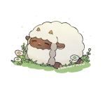  :&lt; ayu_(mog) closed_eyes daisy facing_viewer flower gen_8_pokemon grass lying no_humans on_stomach pokemon pokemon_(creature) sheep signature simple_background smile solo white_background wooloo 
