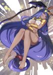  1girl animal_ears bangs bare_shoulders barefoot bracer breasts commentary dark_skin earrings egyptian egyptian_clothes facepaint facial_mark fate/grand_order fate_(series) feet hareno_chiame hoop_earrings jackal_ears jewelry legs long_hair looking_at_viewer low-tied_long_hair medium_breasts navel nitocris_(fate/grand_order) purple_hair sidelocks solo staff usekh_collar very_long_hair violet_eyes 