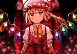  1girl bangs blonde_hair clouds eyebrows_visible_through_hair flandre_scarlet hat long_hair looking_at_viewer maitacoco mob_cap puffy_short_sleeves puffy_sleeves red_eyes red_sky ribbon short_sleeves side_ponytail sky solo touhou white_headwear window wings yellow_neckwear yellow_ribbon 