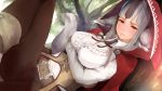  1girl animal_ears belt black_hair closed_mouth crossed_arms fire_emblem fire_emblem_fates grey_hair hood hood_up long_hair long_sleeves multicolored_hair nyc pants red_eyes solo streaked_hair tail tree velouria_(fire_emblem) wolf_ears wolf_tail 