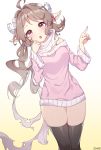  1girl :o absurdres ahoge arknights artist_name black_legwear blush breasts brown_hair eyebrows_visible_through_hair eyjafjalla_(arknights) hand_up highres horns long_hair long_sleeves looking_at_viewer navel off-shoulder_sweater off_shoulder pink_eyes pink_sweater pointy_ears scarf shao_(shao09320653) solo standing sweater thigh-highs torn_scarf two-tone_background white_scarf 