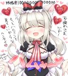  1girl :d ^_^ american_flag american_flag_print animal_ear_fluff animal_ears azur_lane black_dress blush bow breasts cat_ears closed_eyes dress facing_viewer fang flag_print grey_hair hair_bow hammann_(azur_lane) heart long_hair nanopai_kakumeikokonoyu open_mouth print_neckwear puffy_short_sleeves puffy_sleeves red_bow short_sleeves simple_background small_breasts smile solo translation_request very_long_hair white_background wrist_cuffs 