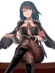  1girl armor black_shorts blue_eyes blue_hair byleth_(fire_emblem) byleth_eisner_(female) closed_mouth crossed_legs dagger fire_emblem fire_emblem:_three_houses highres pantyhose sail-away sheath sheathed shorts simple_background sitting solo weapon white_background 