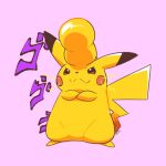  artsy-rc closed_mouth commentary english_commentary full_body gen_1_pokemon highres jojo_no_kimyou_na_bouken no_humans pikachu pink_background pokemon pokemon_(creature) pompadour signature simple_background smile solo sparks standing 