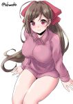  1girl brown_hair commentary_request dress_shirt hair_ornament hair_ribbon hairclip highres invisible_chair kantai_collection long_hair looking_at_viewer mamiya_(kantai_collection) no_pants pink_shirt red_eyes ribbon shirt simple_background sitting solo takomeshi white_background 