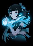  1girl appi bangs black_background black_hair blue_fire blue_nails blue_theme blunt_bangs dark earrings expressionless fire flame highres jewelry long_hair looking_at_viewer original ponytail shadow sidelocks sleeveless solo upper_body 