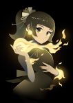  1girl appi bangs black_background black_eyes black_hair blunt_bangs dark earrings fire flame glowing highres jewelry looking_at_viewer medium_hair original ponytail sidelocks solo upper_body yellow_fire yellow_nails yellow_theme 