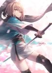  1girl ahoge bangs black_bow black_legwear black_scarf blurry blurry_background bow brown_eyes closed_mouth commentary_request depth_of_field eyebrows_visible_through_hair fate/grand_order fate_(series) hair_bow holding holding_sheath holding_sword holding_weapon japanese_clothes katana kazuki_seto kimono koha-ace light_brown_hair light_smile long_sleeves obi okita_souji_(fate) okita_souji_(fate)_(all) open_clothes sash scarf sheath short_kimono solo sword thigh-highs unsheathed weapon white_kimono wide_sleeves 