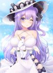  1girl absurdres alternate_breast_size azur_lane between_breasts blue_sky breast_hold breasts cosplay hat highres illustrious_(azur_lane) illustrious_(azur_lane)_(cosplay) large_breasts long_hair older one_eye_closed oppai_loli outdoors purple_hair sky sunlight unicorn_(azur_lane) violet_eyes zeukiar 