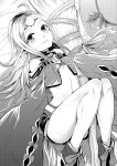  1girl absurdres broom circlet closed_mouth fire_emblem fire_emblem_awakening fire_emblem_heroes greyscale highres holding long_hair lying monochrome nowi_(fire_emblem) on_back pointy_ears short_shorts shorts sleeves_past_fingers sleeves_past_wrists solo yyillust 