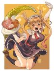  1girl arm_up black_legwear blonde_hair border breasts brown_footwear collared_dress commentary dragon_girl dragon_horns dragon_tail dress food frilled_dress frilled_sleeves frills full_body gloves gradient_hair heart horns kobayashi-san_chi_no_maidragon large_breasts long_hair maid meat multicolored_hair open_mouth orange_eyes orange_hair outside_border plate poch4n red_neckwear sharp_teeth shoes socks solo steam symbol_commentary tail teeth tooru_(maidragon) twintails white_border white_gloves yellow_background 