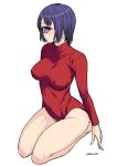  1girl covered_nipples cyclops kouda_tomohiro leotard looking_at_viewer one-eyed original purple_hair ribbed_leotard seiza short_hair sitting solo turtleneck violet_eyes white_background 