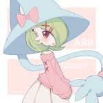  blush brown_eyes clarevoir commentary cosplay creature english_commentary eyelashes gardevoir gen_3_pokemon gen_8_pokemon hatterene hatterene_(cosplay) no_humans pink_sweater pokemon pokemon_(creature) solo sweater 