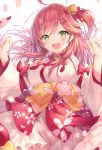  ahoge bell blush breasts cherry_blossom_print clenched_hands eyebrows_visible_through_hair floral_print green_eyes hair_bell hair_ornament hairclip highres hololive long_hair looking_at_viewer one_side_up open_mouth paw_print_pattern petals pink_hair sakura_miko topia virtual_youtuber 