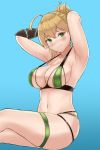  1girl absurdres ahoge armpits arms_behind_head arms_up bangs bikini blonde_hair blush breasts closed_mouth elf folded_ponytail green_eyes highres kanta_(kanta_077) large_breasts looking_at_viewer original pointy_ears short_hair skindentation solo swimsuit 