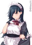  1girl alternate_costume apron black_dress black_hair bow bowtie brown_eyes dress dress_lift ebifurya enmaided eyebrows_visible_through_hair gloves hair_over_one_eye hayashimo_(kantai_collection) highres kantai_collection lifted_by_self long_hair maid maid_apron maid_dress maid_headdress red_bow red_neckwear short_sleeves simple_background smile solo twitter_username upper_body white_apron white_background white_gloves 