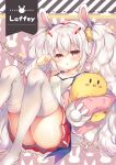  1girl animal_ears ass azur_lane bangs bare_shoulders blush breasts camisole character_name collarbone commentary_request copyright_name eyebrows_visible_through_hair feet_out_of_frame hair_between_eyes hair_ornament hairband hairclip highres jacket knees_up laffey_(azur_lane) long_hair long_sleeves manjuu_(azur_lane) no_shoes object_hug off_shoulder open_clothes open_jacket parted_lips pink_jacket pleated_skirt rabbit_ears red_eyes red_hairband red_skirt revision silver_hair skirt sleeves_past_fingers sleeves_past_wrists small_breasts solo strap_slip stuffed_animal stuffed_bird stuffed_toy suzunone_rena thigh-highs twintails very_long_hair white_camisole white_legwear 