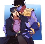  adjusting_clothes adjusting_headwear armor black_hair blue_eyes blue_skin blurry colored_skin depth_of_field fingerless_gloves gakuran gloves hat highres jojo_no_kimyou_na_bouken kujo_jotaro long_coat pauldrons red_eyes red_scarf scarf school_uniform shoulder_armor stand_(jojo) star_platinum stardust_crusaders yway1101 