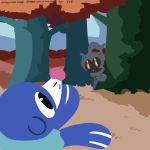  2018 animated animated_gif black_eyes brown_eyes commentary creature english_commentary eye_contact gen_7_pokemon looking_at_another marshadow marshadow_(gloom) no_humans outdoors pokemon pokemon_(creature) popplio tree watermark web_address 