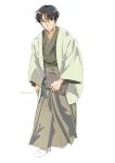  1boy artist_name black_hair full_body glasses green_kimono highres ichimirenge japanese_clothes kimono long_sleeves looking_at_viewer male_focus original seigaiha simple_background solo standing twitter_username walking white_background wide_sleeves 