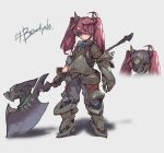  1girl breastplate brown_gloves closed_mouth english_text gauntlets gloves grey_background grey_pants hashtag helmet highres holding holding_weapon long_hair looking_at_viewer metal_boots nogchasaeg_(karon2848) original pants poleaxe redhead simple_background single_gauntlet solo standing twintails violet_eyes weapon 