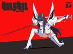  1girl black_eyes black_hair bodysuit boots breasts copyright_name covered_mouth eyebrows_visible_through_hair gloves high_heel_boots high_heels highres hime_cut holding holding_sword holding_weapon horns j_adsen junketsu kill_la_kill kiryuuin_satsuki large_breasts long_hair looking_at_viewer mask mouth_mask one_knee red_background revealing_clothes scabbard sheath signature simple_background solo sword thick_eyebrows thigh-highs thigh_boots unsheathed very_long_hair weapon white_gloves 