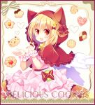 1girl :d animal_ears animal_hood bangs blonde_hair blush bow capelet cat_ears cat_hood checkerboard_cookie commentary_request cookie dress eat_me english_text eyebrows_visible_through_hair fake_animal_ears fang feathered_wings food hair_between_eyes hair_bow heart holding holding_food hood hood_up hooded_capelet layered_dress looking_at_viewer open_mouth original pink_dress pleated_dress puffy_short_sleeves puffy_sleeves red_bow red_capelet red_eyes shikito short_sleeves smile solo white_wings wings wrist_cuffs 