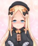  +_+ 1girl abigail_williams_(fate/grand_order) absurdres april_fools bangs black_bow black_dress black_headwear blonde_hair blue_eyes blush bow closed_mouth commentary_request dress eyebrows_visible_through_hair fate/grand_order fate_(series) forehead hair_bow hat highres holding long_hair long_sleeves looking_at_viewer multiple_bows multiple_hair_bows nose_blush orange_bow parted_bangs pink_background polka_dot polka_dot_bow shimokirin sleeves_past_fingers sleeves_past_wrists smile solo sparkle translation_request upper_body 