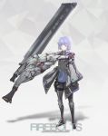 1girl absurdres armor black_pants blue_eyes closed_mouth earrings extra_arms eyebrows_visible_through_hair highres holding holding_sword holding_weapon huge_weapon jewelry long_sleeves looking_at_viewer mechanical_arm nogchasaeg_(karon2848) original oversized_forearms oversized_limbs pants purple_hair short_hair solo standing sword weapon wide_sleeves 