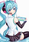  1girl absurdres aqua_eyes aqua_hair bangs bare_shoulders black_skirt blue_eyes blue_hair blush commentary detached_sleeves doubutsu_no_mori hair_ornament hatsune_miku hatsune_miku_(vocaloid4) headphones headset highres huge_filesize long_hair looking_at_viewer nintendo_switch pleated_skirt simple_background skirt smile solo thigh-highs twintails v4x very_long_hair vocaloid white_background zipgaemi 