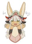  1other androgynous animal_ears blush eyebrows_visible_through_hair fangs furry highres kawasemi27 looking_at_viewer made_in_abyss nanachi_(made_in_abyss) open_mouth short_hair smile tail translation_request upper_body upper_teeth white_hair yellow_eyes 