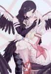  2girls ahoge akuma_homura akuma_homura_(cosplay) bangs black_hair black_legwear braid breasts commentary_request cosplay dress feathers gloves grey_legwear hair_ornament hair_over_one_eye hairclip highres hiwonoafu kaname_madoka kaname_madoka_(cosplay) large_breasts long_hair long_sleeves looking_at_viewer mahou_shoujo_madoka_magica mahou_shoujo_madoka_magica_movie multiple_girls nijisanji pale_skin parted_bangs pink_footwear puffy_short_sleeves puffy_sleeves restrained ribbed_sweater shirayuki_tomoe shoes short_sleeves silver_hair smile sukoya_kana sweater thigh-highs twintails virtual_youtuber white_gloves wings x_hair_ornament yuri 