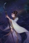  1girl black_hair character_request chinese_clothes commentary copyright_request dress earrings glaive hair_ornament high_collar highres holding_polearm jewelry long_dress morry night night_sky polearm short_hair sky solo star_(sky) starry_sky symbol_commentary updo weapon wide_sleeves 