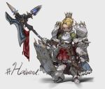  1girl absurdres armor bangs blonde_hair boots breastplate crown dot_nose english_text faulds full_armor full_body gauntlets greaves grey_background halberd hashtag highres holding holding_weapon looking_at_viewer nogchasaeg_(karon2848) original parted_bangs pauldrons plume polearm shield short_hair simple_background sketch smile solo standing violet_eyes weapon white_background 