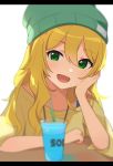  1girl ahoge blonde_hair blush breasts collarbone commentary_request eyebrows_visible_through_hair face green_eyes green_headwear hair_between_eyes highres hoshii_miki idolmaster idolmaster_(classic) idolmaster_million_live! idolmaster_million_live!_theater_days long_hair looking_at_viewer naijow open_mouth shirt simple_background smile solo white_background yellow_shirt 