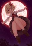  1girl :d absurdres bare_legs black_dress blonde_hair blush commentary_request convenient_leg dress fang from_below full_body full_moon hair_between_eyes hair_ribbon happy highres knees_together_feet_apart legs looking_at_viewer medium_hair midair moon night night_sky open_mouth outdoors outstretched_arms red_eyes red_moon red_neckwear red_ribbon ribbon rumia shirt sky smile solo star_(sky) starry_sky suigetsu_(watermoon-910) thighs touhou upskirt white_shirt 