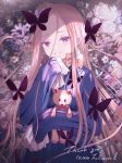  1girl abigail_williams_(fate/grand_order) bangs black_bow black_dress blonde_hair blue_flower bow bug butterfly commentary_request dress eyebrows_visible_through_hair fate/grand_order fate_(series) floral_background flower followers forehead hair_bow insect kinom_(sculpturesky) long_hair long_sleeves looking_at_viewer no_hat no_headwear object_hug orange_bow parted_bangs parted_lips polka_dot polka_dot_bow sleeves_past_fingers sleeves_past_wrists solo stuffed_animal stuffed_toy teddy_bear thank_you upper_body very_long_hair violet_eyes white_flower yellow_flower 