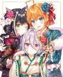  3girls absurdres ahoge animal_ears antenna_hair aqua_eyes bangs beige_kimono black_hair black_kimono blue_kimono blush braid cat_ears commentary_request eyebrows_visible_through_hair floral_print flower fur_trim green_eyes green_flower grey_hair hair_bun hair_flower hair_ornament heart_ahoge highres holding huge_filesize japanese_clothes kimono kokkoro_(princess_connect!) kyaru_(princess_connect) long_hair long_sleeves looking_at_viewer multiple_girls orange_hair pecorine pink_eyes princess_connect! princess_connect!_re:dive red_flower short_hair silver_hair smile tokkyu upper_teeth white_flower wide_sleeves 