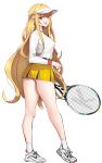  1girl absurdres blonde_hair blush breasts eyebrows_visible_through_hair fang full_body highres holding_racket k_pring large_breasts long_hair looking_at_viewer microskirt open_mouth original racket red_eyes shoes skirt smile sneakers socks solo tennis_racket upper_teeth very_long_hair white_footwear white_legwear yellow_skirt 