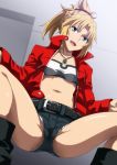  1girl aqua_eyes bandeau belt belt_buckle blonde_hair boots braid breasts buckle cutoffs denim denim_shorts eyebrows fang fate/apocrypha fate/grand_order fate_(series) french_braid hair_ornament hair_scrunchie hera_(hara0742) highres jacket jewelry micro_shorts midriff mordred_(fate) mordred_(fate)_(all) navel necklace open_mouth ponytail red_jacket red_scrunchie revealing_clothes scrunchie shorts small_breasts spread_legs stomach teeth thighs 