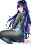  1girl ameno_(a_meno0) ass back black_bodysuit black_sweater blue_eyes blue_hair blush bodysuit closed_mouth eyebrows_visible_through_hair fire_emblem fire_emblem_awakening from_behind hair_between_eyes hair_ornament lips long_hair looking_at_viewer looking_back lucina lucina_(fire_emblem) ribbed_bodysuit ribbed_legwear ribbed_sweater simple_background sitting smile solo sweater tiara turtleneck turtleneck_sweater white_background 