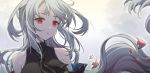  1girl arknights ascot black_neckwear black_sweater clouds cloudy_sky detached_sleeves directional_arrow english_commentary expressionless grey_sky highres long_hair looking_at_viewer parted_lips red_eyes ribbed_sweater shao_(shao09320653) silver_hair skadi_(arknights) sky solo sweater upper_body wind 