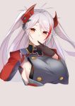  1girl azur_lane black_gloves breasts closed_mouth expressionless eyebrows_visible_through_hair finger_to_mouth gloves grey_hair highlights kaki_tsubata large_breasts long_hair long_sleeves looking_at_viewer mole mole_on_breast multicolored_hair prinz_eugen_(azur_lane) red_eyes redhead sideboob solo streaked_hair upper_body 