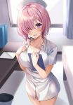  1girl :d blush breasts clipboard collarbone commentary_request eyebrows_visible_through_hair fate/grand_order fate_(series) hair_over_one_eye harimoji hat holding indoors large_breasts looking_at_viewer mash_kyrielight no_pants nurse nurse_cap open_mouth pink_hair short_hair short_sleeves smile solo table upper_teeth violet_eyes window 