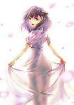  1girl :d absurdres dress fate/stay_night fate_(series) floating_hair from_behind hair_ribbon highres long_dress long_hair looking_at_viewer looking_back matou_sakura open_mouth purple_hair red_ribbon rei_no_himo ribbon see-through_silhouette short_sleeves skirt_hold smile solo sundress tsugu0302 violet_eyes white_background white_dress 