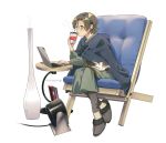  1girl artist_name brown_eyes brown_hair cat chair computer dress drink drinking full_body green_dress ichimirenge laptop original pants short_hair sitting slippers solo steam twitter_username 