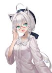  1girl ahoge animal_ear_fluff animal_ears arisku bangs black_ribbon blue_eyes blush braid breasts cat_ears commentary_request eyebrows_visible_through_hair fang fox_ears glasses hair_between_eyes hair_ribbon highres hololive long_hair looking_at_viewer open_mouth ribbon semi-rimless_eyewear shirakami_fubuki simple_background smile solo tail translation_request upper_body virtual_youtuber white_background white_hair 