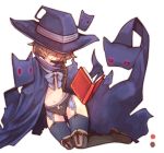  1girl black_headwear book boots brown_hair cape character_request commentary commentary_request floating floating_book floating_object hat highres imagawa_(imaima2535) ishuzoku_reviewers messy_hair short_hair smile thigh-highs tiesse witch witch_hat 