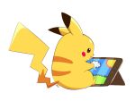  :d artsy-rc child_drawing commentary english_commentary from_side gen_1_pokemon ipad no_humans open_mouth pikachu pokemon pokemon_(creature) signature simple_background sitting smile solo tablet_pc white_background 